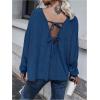 imageMakeMeChic Womens Tie Back Tops V Neck Long Sleeve Off Shoulder Casual Tee Shirt TopBlue a