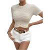 imageMakeMeChic Womens Short Sleeve Slim Fit Crop Tops Crew Neck Fringe Trim Tee ShirtApricot