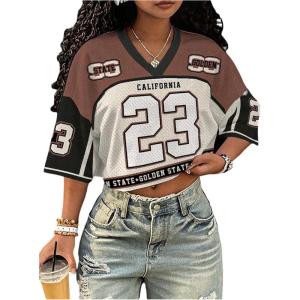 imageMakeMeChic Womens Jersey Shirts Number Graphic Oversized Y2K Tee TopsBrown White