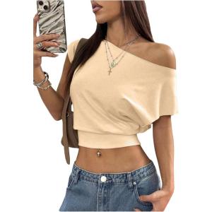imageMakeMeChic Womens Off The Shoulder Crop Tops Short Sleeve Going Out T ShirtApricot