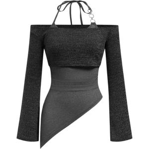 imageMakeMeChic Womens Off The Shoulder Tops Long Sleeve Asymmetrical Halter Knit Y2k Trendy Going Out Tops Tee ShirtsGrey