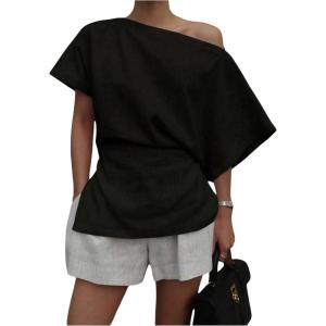 imageMakeMeChic Womens Summer Asymmetrical Tops Dolman Sleeve Blouse One Shoulder Split Hem Dressy ShirtBlack