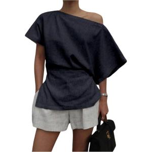 imageMakeMeChic Womens Summer Asymmetrical Tops Dolman Sleeve Blouse One Shoulder Split Hem Dressy ShirtBlue