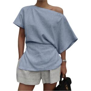 imageMakeMeChic Womens Summer Asymmetrical Tops Dolman Sleeve Blouse One Shoulder Split Hem Dressy ShirtBlue a