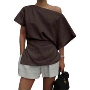 imageMakeMeChic Womens Summer Asymmetrical Tops Dolman Sleeve Blouse One Shoulder Split Hem Dressy ShirtBrown