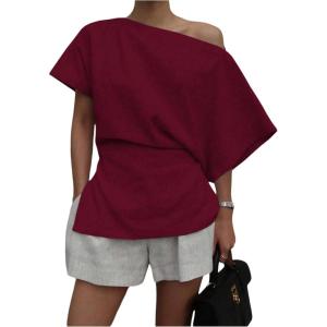 imageMakeMeChic Womens Summer Asymmetrical Tops Dolman Sleeve Blouse One Shoulder Split Hem Dressy ShirtBurgundy