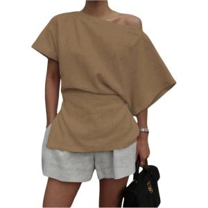 imageMakeMeChic Womens Summer Asymmetrical Tops Dolman Sleeve Blouse One Shoulder Split Hem Dressy ShirtCoffee Brown
