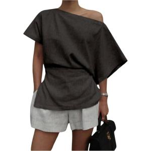 imageMakeMeChic Womens Summer Asymmetrical Tops Dolman Sleeve Blouse One Shoulder Split Hem Dressy ShirtDark Grey