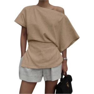 imageMakeMeChic Womens Summer Asymmetrical Tops Dolman Sleeve Blouse One Shoulder Split Hem Dressy ShirtKhaki