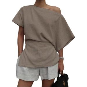 imageMakeMeChic Womens Summer Asymmetrical Tops Dolman Sleeve Blouse One Shoulder Split Hem Dressy ShirtLight Khaki