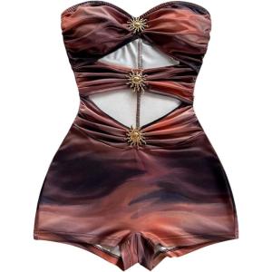 imageMakeMeChic Womens Summer Short Rompers Cut Out Bandeau Strapless One Piece JumpsuitsBrown