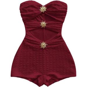 imageMakeMeChic Womens Summer Short Rompers Cut Out Bandeau Strapless One Piece JumpsuitsBurgundy Solid