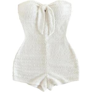 imageMakeMeChic Womens Summer Short Rompers Cut Out Bandeau Strapless One Piece JumpsuitsKnot White