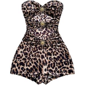 imageMakeMeChic Womens Summer Short Rompers Cut Out Bandeau Strapless One Piece JumpsuitsLeopard