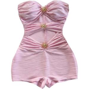 imageMakeMeChic Womens Summer Short Rompers Cut Out Bandeau Strapless One Piece JumpsuitsPink Solid