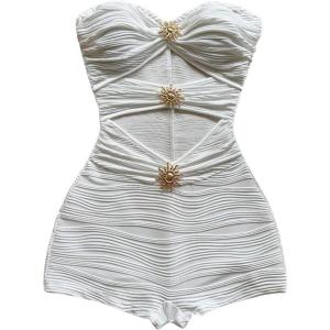 imageMakeMeChic Womens Summer Short Rompers Cut Out Bandeau Strapless One Piece JumpsuitsTexture White