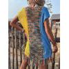 imageMakeMeChic Womens Crochet Bikini Cover Up Short Sleeve V Neck Fringe Beach Mini DressMulticolor