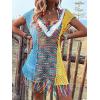 imageMakeMeChic Womens Crochet Bikini Cover Up Short Sleeve V Neck Fringe Beach Mini DressMulticolor