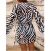 imageMakeMeChic Womens Zebra Print Cover Up Notched Long Sleeve Swimwear Beach Mini DressBlack and White