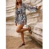 imageMakeMeChic Womens Zebra Print Cover Up Notched Long Sleeve Swimwear Beach Mini DressBlack and White