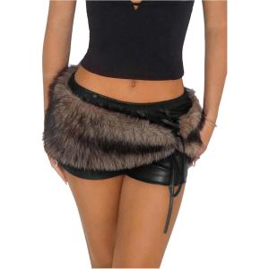 imageMakeMeChic Womens Leather Shorts Summer Wrap Fuzzy Mini Micro Shorts Y2K Club OutfitsBlack