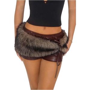 imageMakeMeChic Womens Leather Shorts Summer Wrap Fuzzy Mini Micro Shorts Y2K Club OutfitsBrown