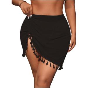imageMakeMeChic Womens Plus Size Cover Up Skirt Tassel Hem Ruched Drawstring Beach SkirtsBlack