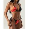imageMakeMeChic Womens 3 Piece Floral Print Halter Triangle Tie Back Bikini Set with Ruched Cover Up TopsBlack