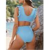 imageMakeMeChic Womens Maternity Swimsuit Two Piece Bikini Sets Ruffle Sleeve High Waisted Pregnancy SwimwearSolid Blue