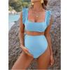 imageMakeMeChic Womens Maternity Swimsuit Two Piece Bikini Sets Ruffle Sleeve High Waisted Pregnancy SwimwearSolid Blue