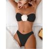 imageMakeMeChic Womens Two Piece Bikini Set 3D Flower Textured Strapless Bandeau Tie Back Bathing SuitBlack