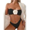 imageMakeMeChic Womens Two Piece Bikini Set 3D Flower Textured Strapless Bandeau Tie Back Bathing SuitBlack