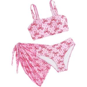 imageMakeMeChic Girls 3 Piece Bikini Set Bow Summer Bathing Suit with Cover Up SkirtPink