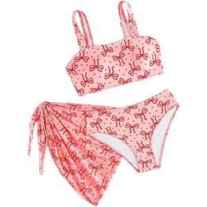 imageMakeMeChic Girls 3 Piece Bikini Set Bow Summer Bathing Suit with Cover Up SkirtPink a