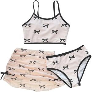 imageMakeMeChic Girls 3 Piece Bikini Set Bow Swimsuit Spaghetti Strap Cute Bathing Suit with Ruched Cover Up Skirt