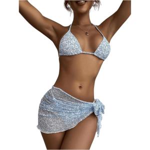 imageMakeMeChic Womens Bikini Sets Floral Print Triangle Halter Tie Back Beach SwimsuitBlue and White