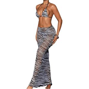 imageMakeMeChic Womens Bikini Sets Zebra Striped Halter Tie Back High Cut Swimsuit Bathing SuitBlack and White