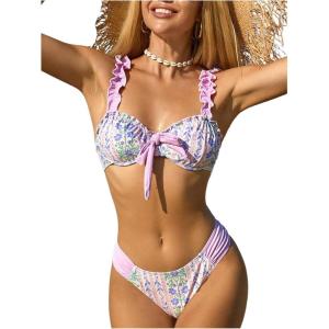 imageMakeMeChic Womens Floral Bikini Set Tie Front Frill Trim Backless Bathing Suit SwimsuitMulticolor