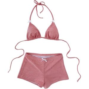 imageMakeMeChic Womens Gingham High Waisted Bikini Set Halter Triangle Tie Back Bathing Suit with BoyshortsRed and White