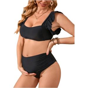 imageMakeMeChic Womens Maternity Swimsuit Two Piece Bikini Sets Ruffle Sleeve High Waisted Pregnancy SwimwearBlack