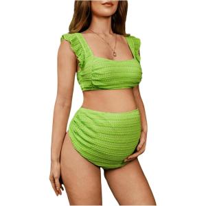 imageMakeMeChic Womens Maternity Swimsuit Two Piece Bikini Sets Ruffle Sleeve High Waisted Pregnancy SwimwearGreen