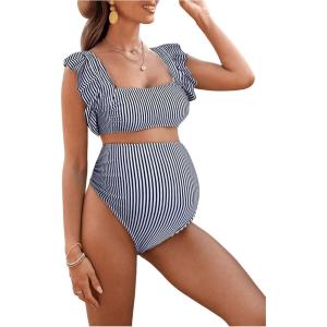 imageMakeMeChic Womens Maternity Swimsuit Two Piece Bikini Sets Ruffle Sleeve High Waisted Pregnancy SwimwearStripe