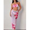 imageMakeMeChic Womens Bikini Sets Floral Print Bandeau Swimsuit with Mesh Sheer Beach SkirtPink