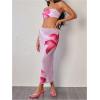imageMakeMeChic Womens Bikini Sets Floral Print Bandeau Swimsuit with Mesh Sheer Beach SkirtPink