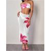 imageMakeMeChic Womens Bikini Sets Floral Print Bandeau Swimsuit with Mesh Sheer Beach SkirtWhite