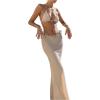 imageMakeMeChic Womens Halter Triangle Bikini Sets Floral 3 Piece Swimsuit Bathing Suit Cover Up Long SkirtBeige