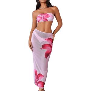 imageMakeMeChic Womens Bikini Sets Floral Print Bandeau Swimsuit with Mesh Sheer Beach SkirtPink