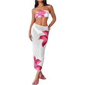imageMakeMeChic Womens Bikini Sets Floral Print Bandeau Swimsuit with Mesh Sheer Beach SkirtWhite