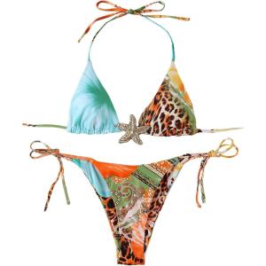 imageMakeMeChic Womens Halter Tie Side Triangle High Cut Bikini Set Bathing Suit SwimsuitBlue Brown
