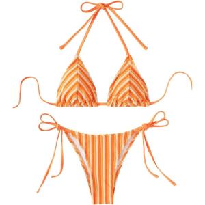 imageMakeMeChic Womens Halter Tie Side Triangle High Cut Bikini Set Bathing Suit SwimsuitOrange